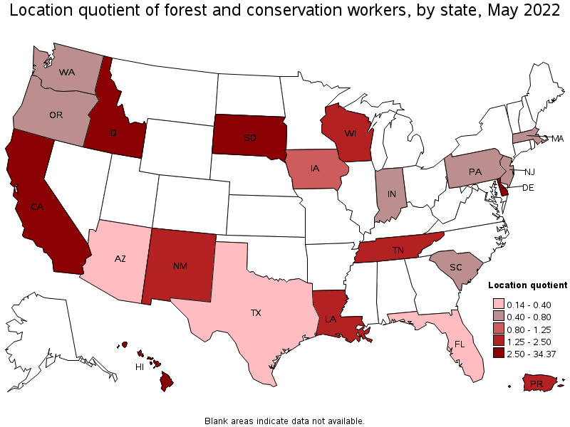 Map of location quotient of forest and conservation workers by state, May 2022