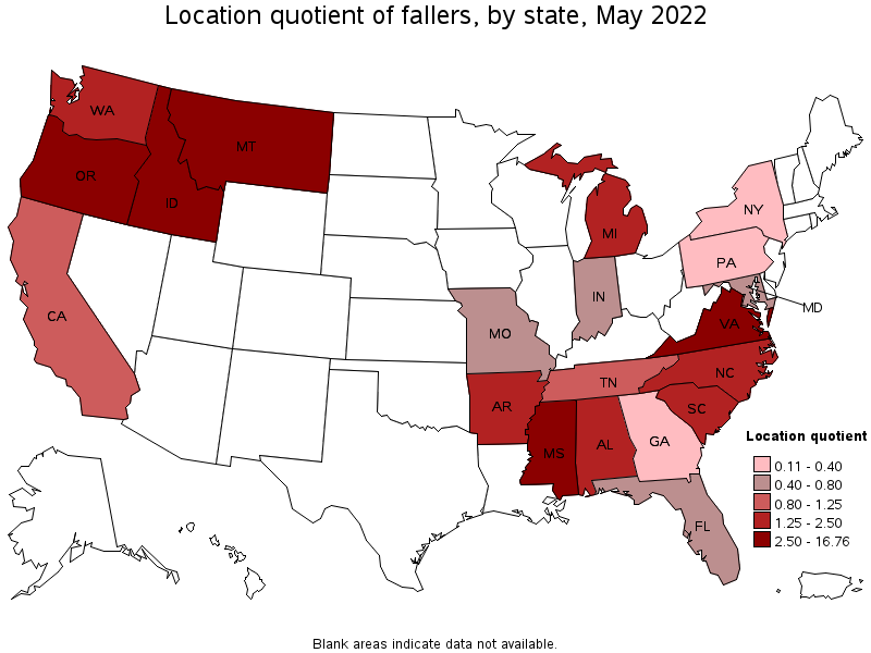 Map of location quotient of fallers by state, May 2022