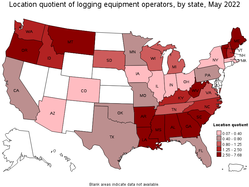 Map of location quotient of logging equipment operators by state, May 2022