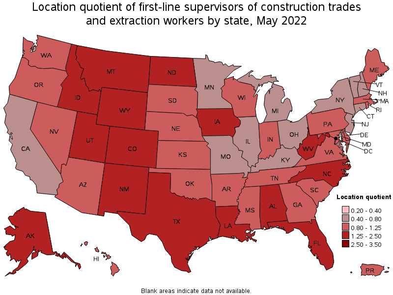 Map of location quotient of first-line supervisors of construction trades and extraction workers by state, May 2022