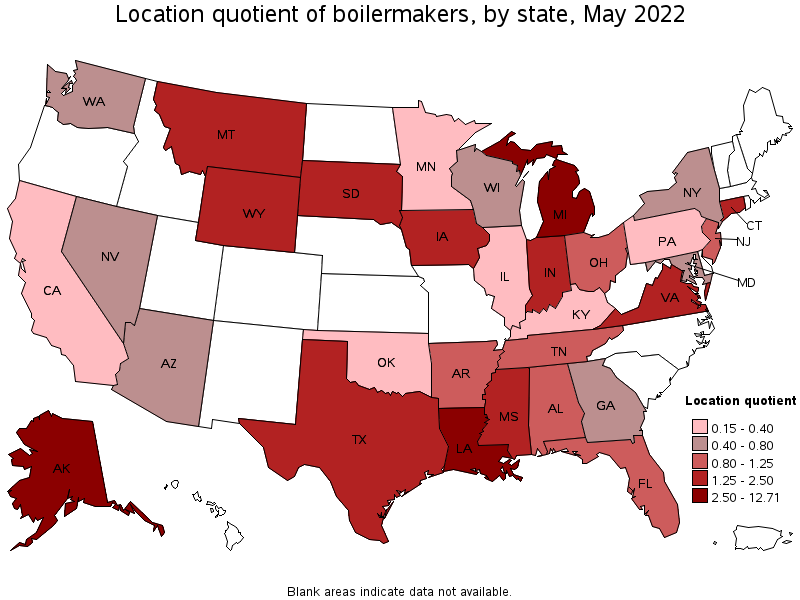 Map of location quotient of boilermakers by state, May 2022