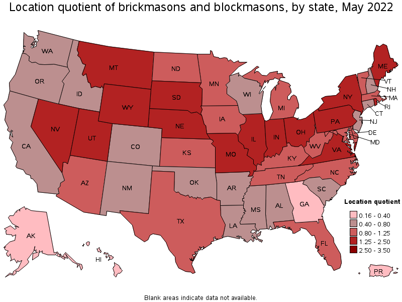 Map of location quotient of brickmasons and blockmasons by state, May 2022