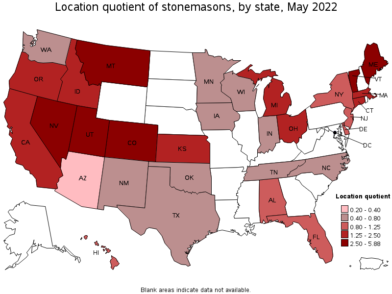 Map of location quotient of stonemasons by state, May 2022