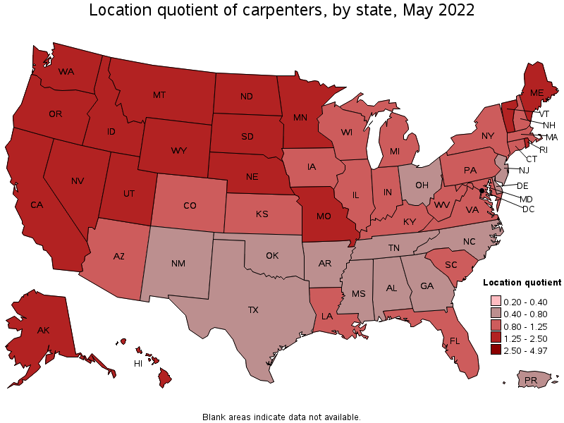 Map of location quotient of carpenters by state, May 2022