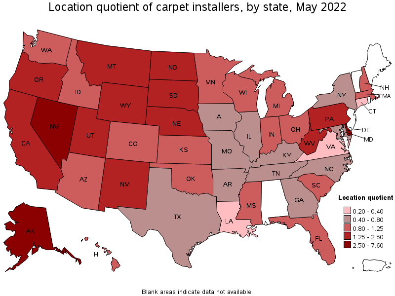 Map of location quotient of carpet installers by state, May 2022