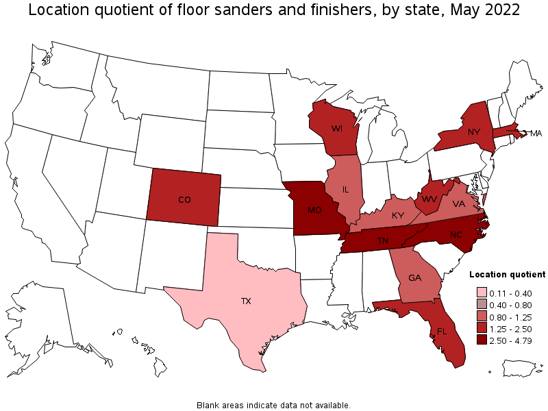 Map of location quotient of floor sanders and finishers by state, May 2022