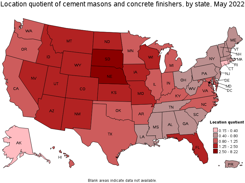 Map of location quotient of cement masons and concrete finishers by state, May 2022