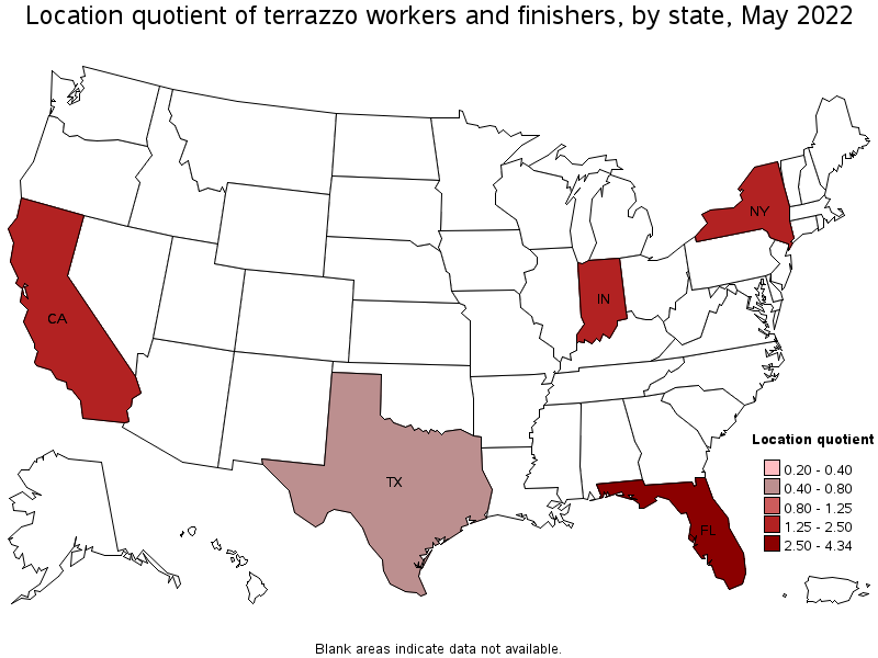 Map of location quotient of terrazzo workers and finishers by state, May 2022