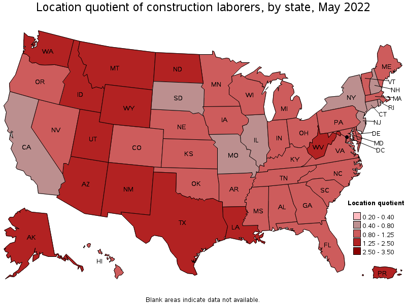 Map of location quotient of construction laborers by state, May 2022