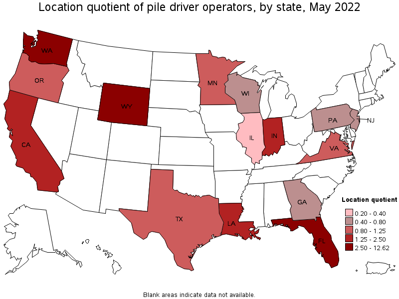 Map of location quotient of pile driver operators by state, May 2022