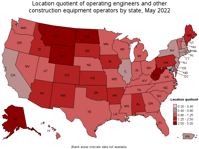 Map of location quotient of operating engineers and other construction equipment operators by state, May 2022