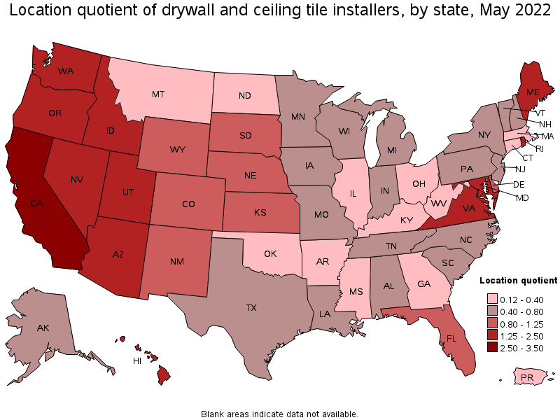 Map of location quotient of drywall and ceiling tile installers by state, May 2022