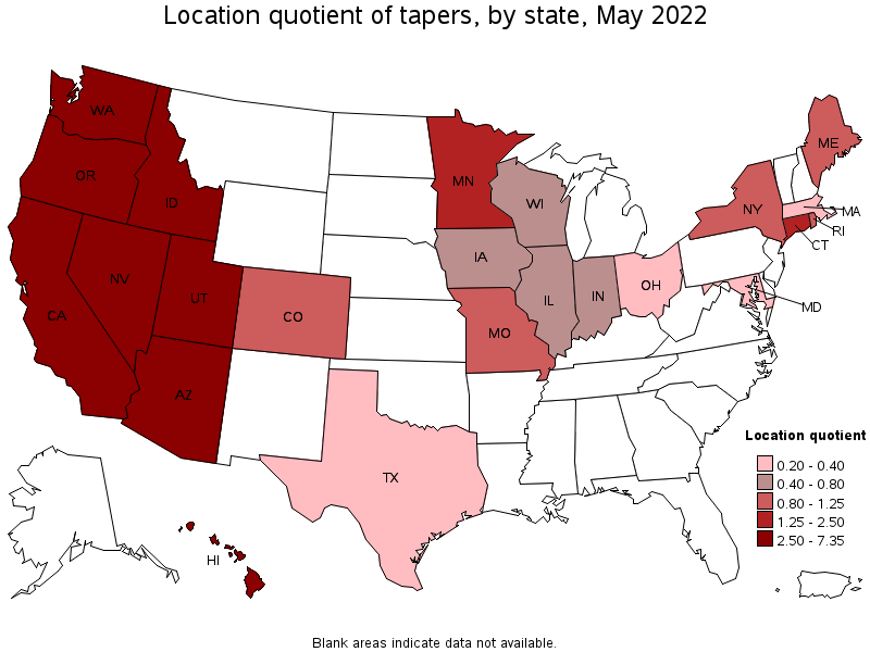 Map of location quotient of tapers by state, May 2022