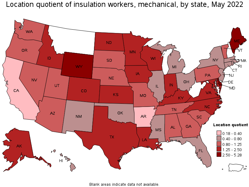 Map of location quotient of insulation workers, mechanical by state, May 2022