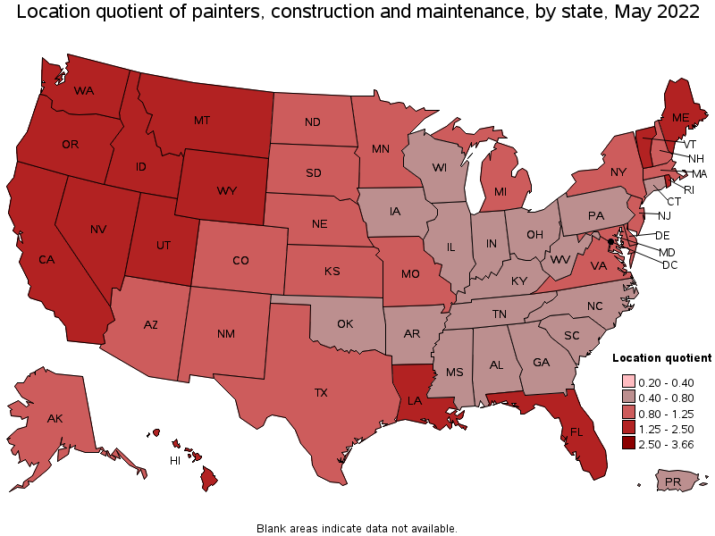 Map of location quotient of painters, construction and maintenance by state, May 2022