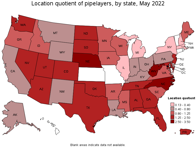 Map of location quotient of pipelayers by state, May 2022