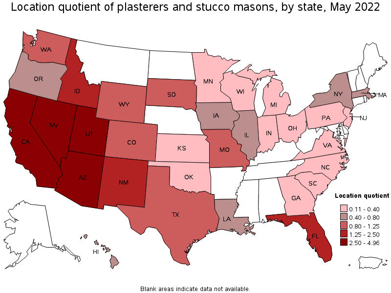 Map of location quotient of plasterers and stucco masons by state, May 2022