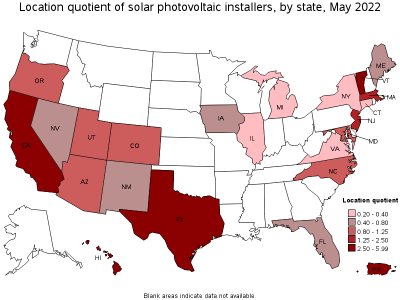 Map of location quotient of solar photovoltaic installers by state, May 2022