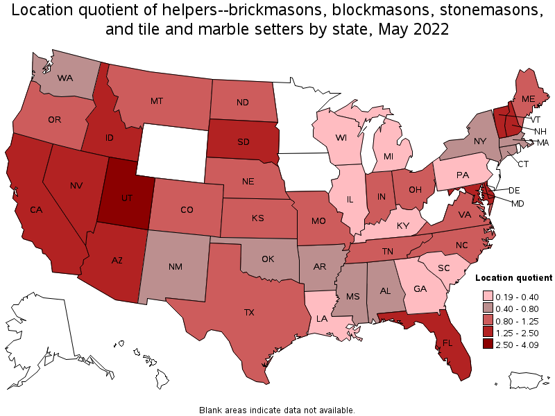 Map of location quotient of helpers--brickmasons, blockmasons, stonemasons, and tile and marble setters by state, May 2022