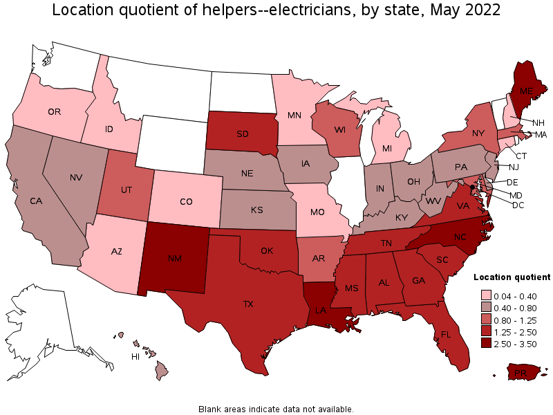 Map of location quotient of helpers--electricians by state, May 2022