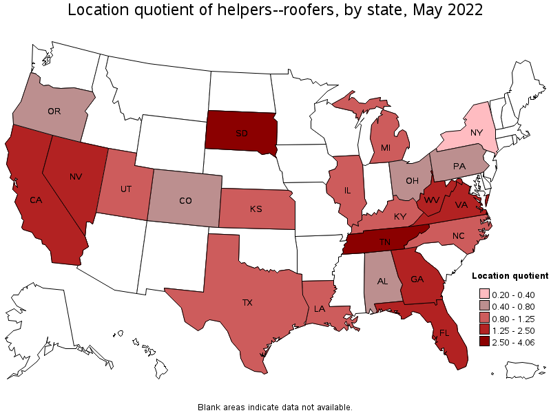 Map of location quotient of helpers--roofers by state, May 2022