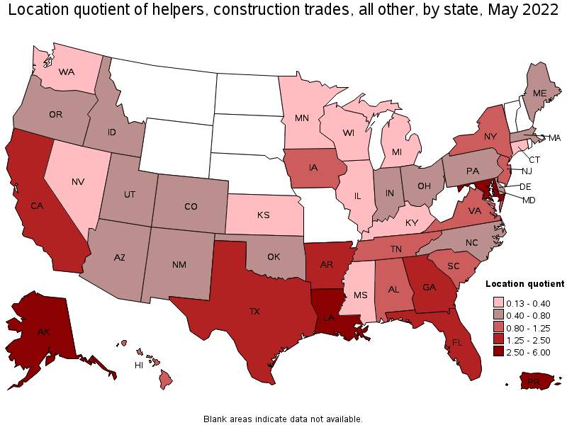 Map of location quotient of helpers, construction trades, all other by state, May 2022