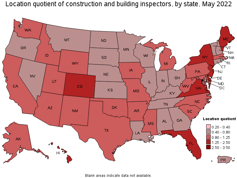 Map of location quotient of construction and building inspectors by state, May 2022