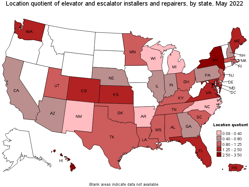 Map of location quotient of elevator and escalator installers and repairers by state, May 2022