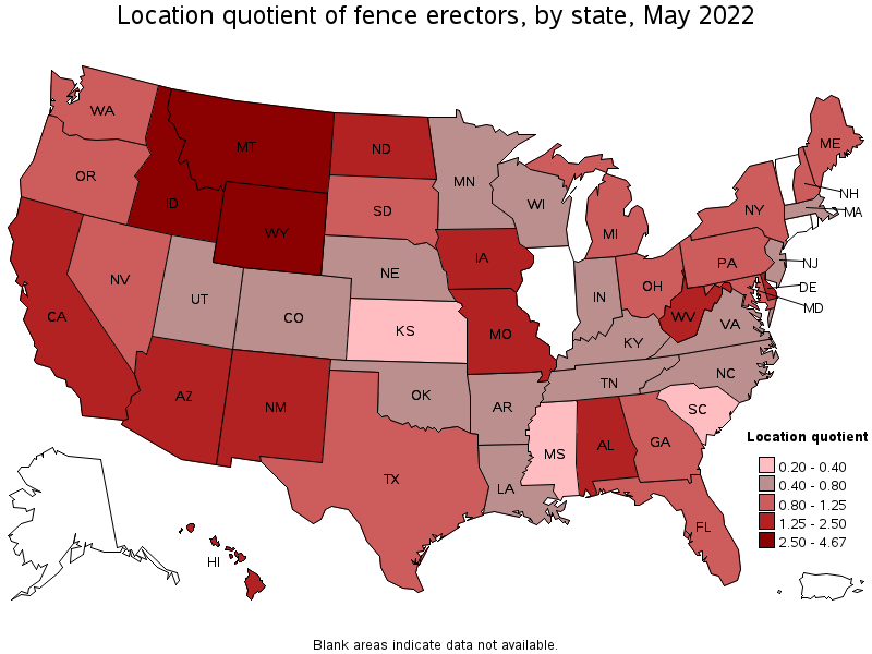Map of location quotient of fence erectors by state, May 2022