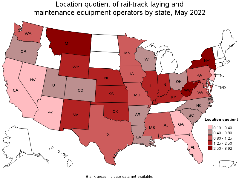 Map of location quotient of rail-track laying and maintenance equipment operators by state, May 2022