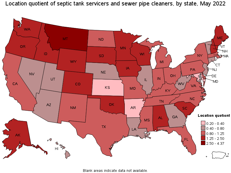 Map of location quotient of septic tank servicers and sewer pipe cleaners by state, May 2022