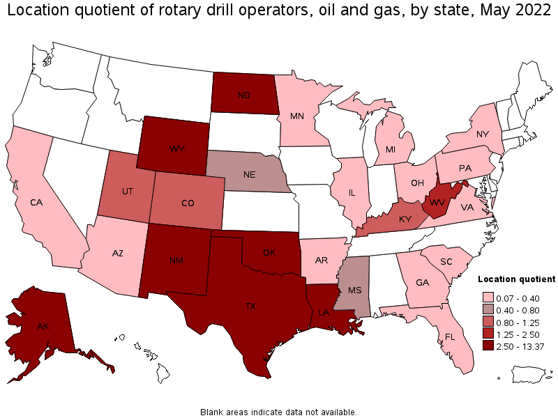 Map of location quotient of rotary drill operators, oil and gas by state, May 2022