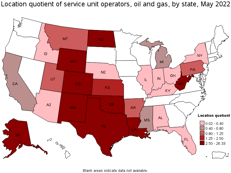 Map of location quotient of service unit operators, oil and gas by state, May 2022