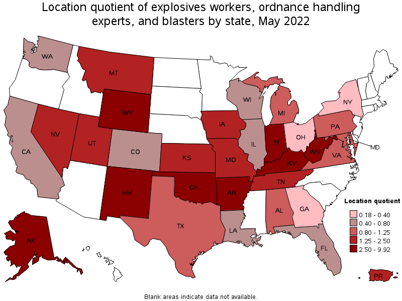 Map of location quotient of explosives workers, ordnance handling experts, and blasters by state, May 2022