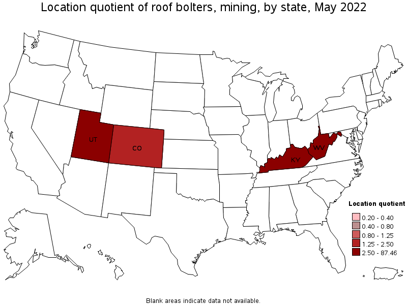 Map of location quotient of roof bolters, mining by state, May 2022