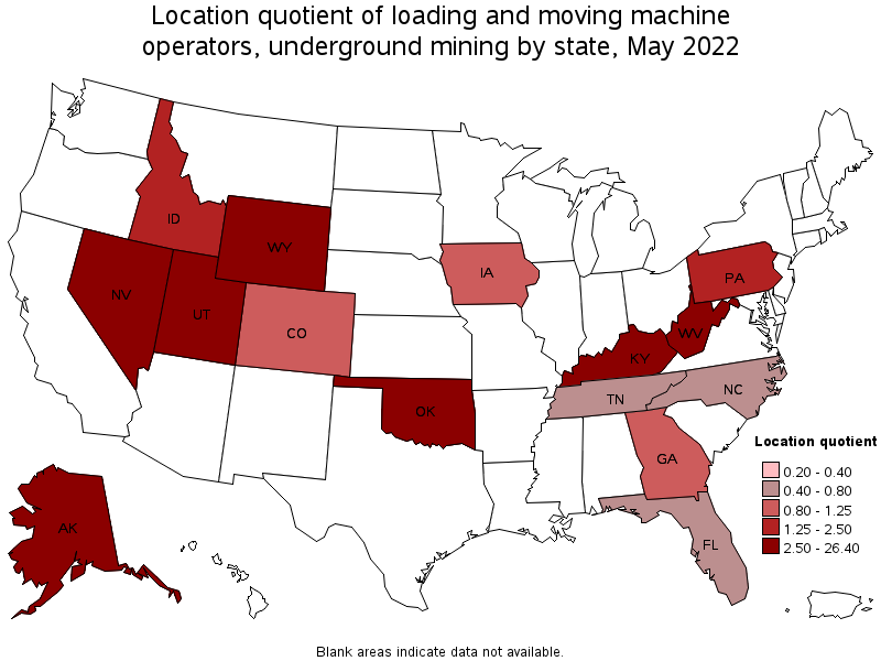Map of location quotient of loading and moving machine operators, underground mining by state, May 2022
