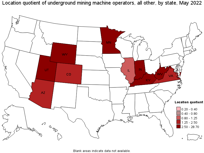 Map of location quotient of underground mining machine operators, all other by state, May 2022