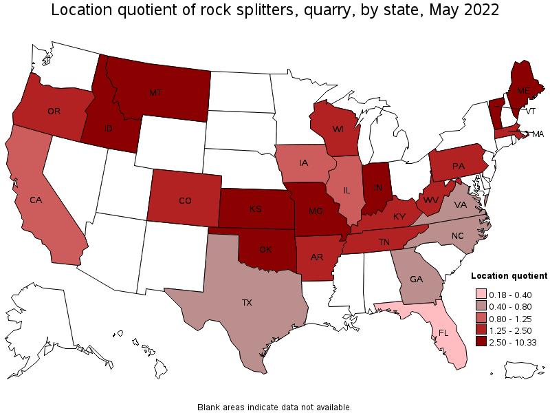 Map of location quotient of rock splitters, quarry by state, May 2022