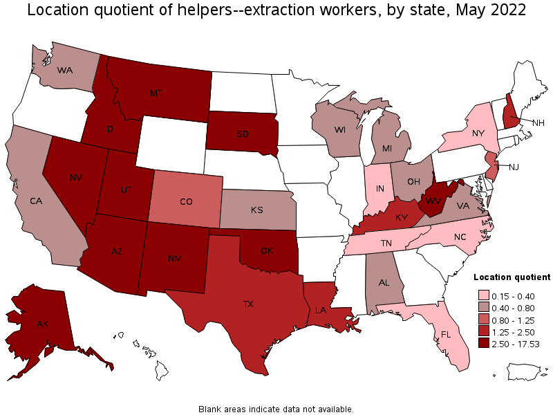 Map of location quotient of helpers--extraction workers by state, May 2022