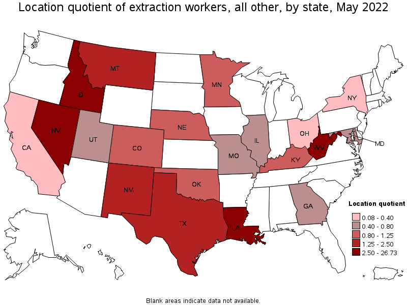 Map of location quotient of extraction workers, all other by state, May 2022