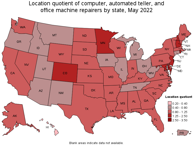 Map of location quotient of computer, automated teller, and office machine repairers by state, May 2022