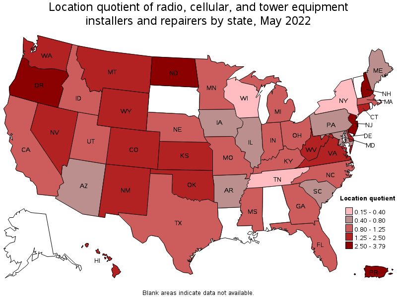 Map of location quotient of radio, cellular, and tower equipment installers and repairers by state, May 2022