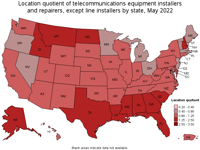 Map of location quotient of telecommunications equipment installers and repairers, except line installers by state, May 2022