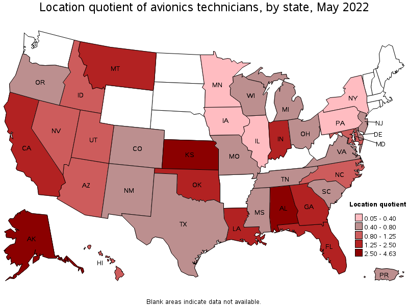 Map of location quotient of avionics technicians by state, May 2022