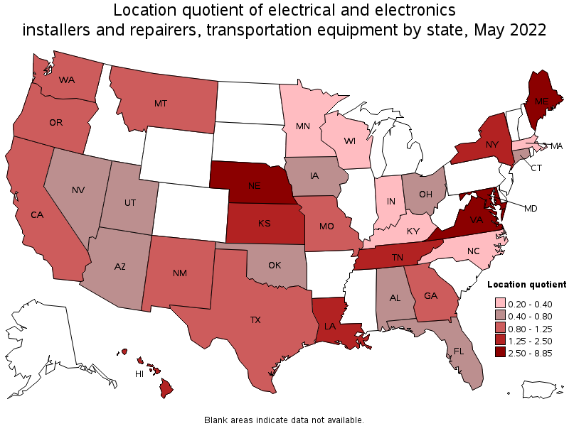 Map of location quotient of electrical and electronics installers and repairers, transportation equipment by state, May 2022