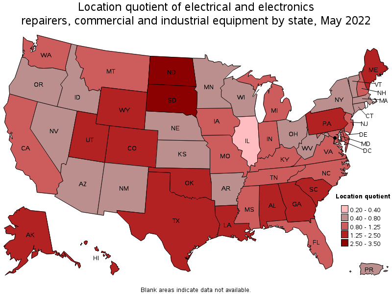 Map of location quotient of electrical and electronics repairers, commercial and industrial equipment by state, May 2022