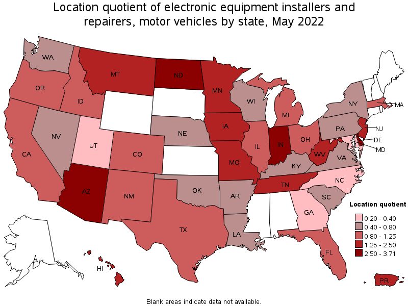 Map of location quotient of electronic equipment installers and repairers, motor vehicles by state, May 2022