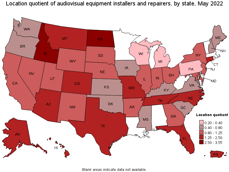 Map of location quotient of audiovisual equipment installers and repairers by state, May 2022