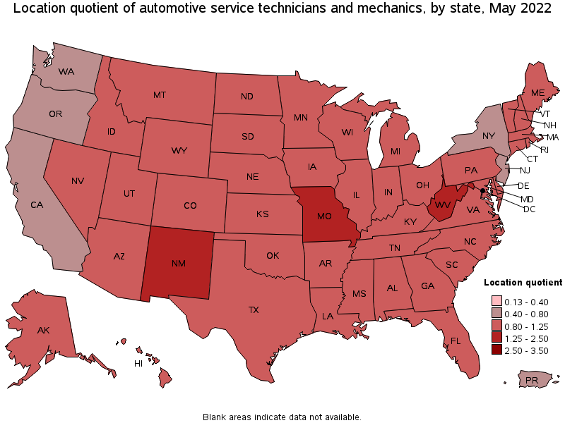 Map of location quotient of automotive service technicians and mechanics by state, May 2022