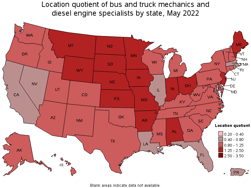 Map of location quotient of bus and truck mechanics and diesel engine specialists by state, May 2022